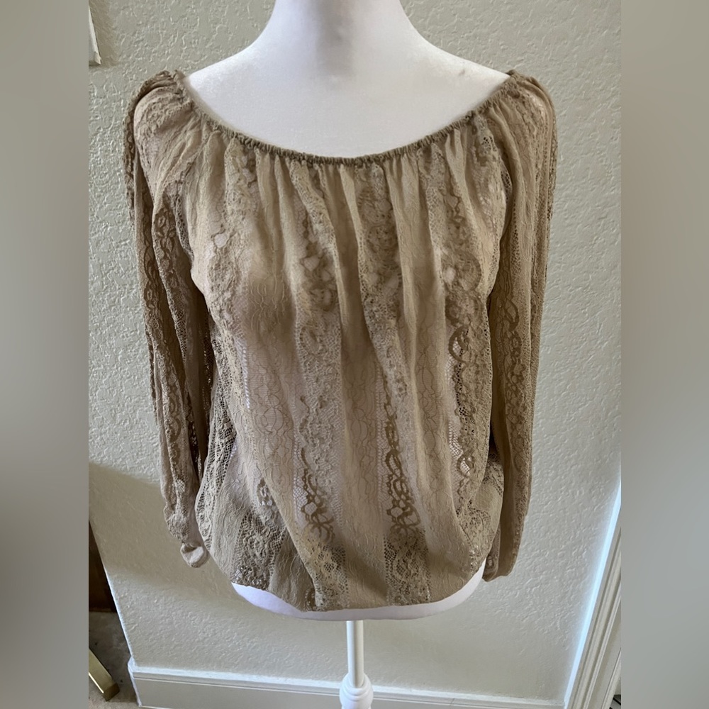 Women’s Blouse, Poof!, Tan, Wide Boat Neck, Bubble Long Sleeves, Size S